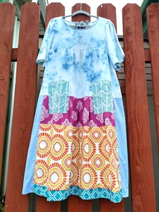 PATCHWORK DRESS Upcycled Hippie Tie Dye Babydoll Long Maxi Blue Purple Orange L - Picture 1 of 17