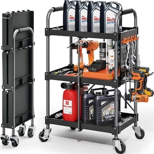 3 Tier Rolling Tool Cart w/ Wheels Heavy Duty Foldable Utility Organizer Garage - Picture 1 of 9