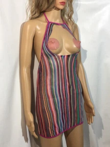 Halter Top Open Front Strappy Bodycon Mesh See-Through Dress Ripped One Size - Picture 1 of 17