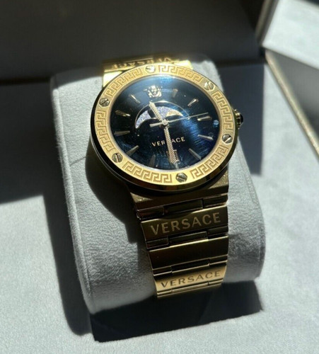 Orologio Versace Greca Logo Fasi Lunari Quadrante Nero Oro Acciaio Inox Mai Indossato