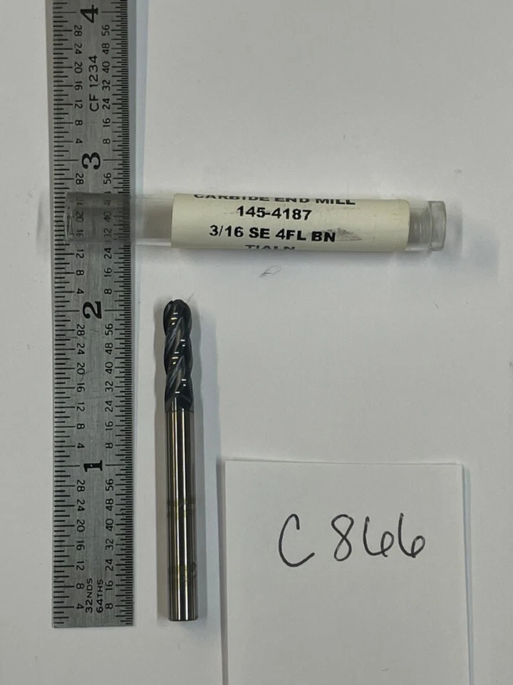 1 HTC 3/16" DIAMETER CARBIDE END MILL 145-4187. 4 FL BALL. 5/8" LOC (C866)