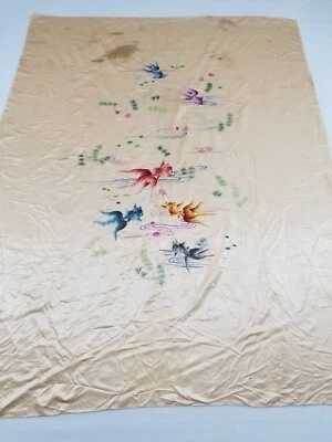 Искусственно состаренная винтажная китайская шелковая рыбная панель/скатерть с ручной вышивкой 74x56 дюймов - Изображение 1 из 4