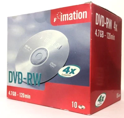 IMATION DVD-RW - 10 PACK - 4x / 120 Mins / 4.7 GB Jewel Case – NEW & SEALED - Image 1 of 4