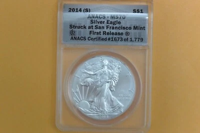 2014-(S) Silver Eagle Struck at San Francisco ANACS MS70 First Releases - Image 1 of 4