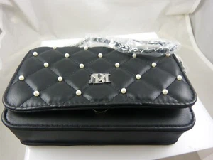 Black Badgley Mischka vegan leather quilted crossbody Faux pearl like - Picture 1 of 7