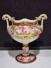 Antique  Nippon 2 Handled Hand Painted Gold Roses Pedestal Bolted  Vase Urn