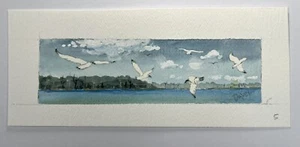 Jim Davel Original Watercolor Painting Seagulls in Flight Lake 9x4" - Picture 1 of 9
