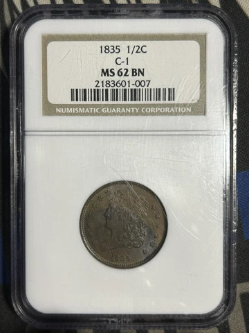 1835 C-1 Classic Head Copper Half Cent NGC MS62 BN Cover