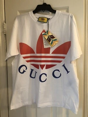 GUCCI x Adidas Blanco Rojo Azul Logo Camiseta Hombre Talla Pequeña Algodón Jersey Foto 1 de 3