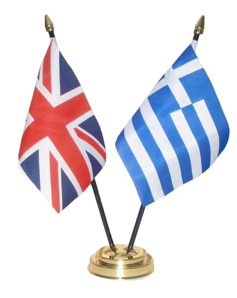 UK & AND GREECE Friendship TABLE FLAGS with GOLDEN BASE GREEK british flag - Image 1 of 1