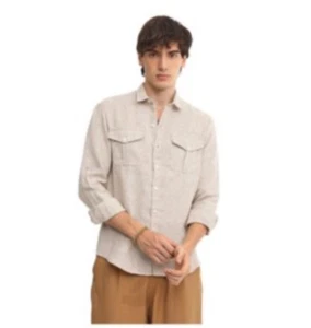 Men’s Calvin Klein Beige/White Stripe Check Linen Blend Button Down Shirt Sz XL - Picture 1 of 11