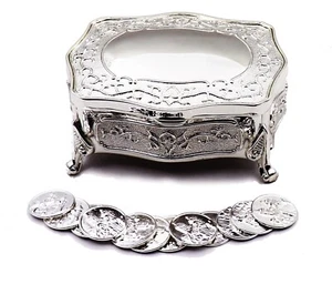 Silver Footed Floral Engraving Wedding Arras Box with 13 Unity Coins Set - Picture 1 of 2