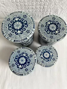 Vintage Delft Holland Blue Metal Set Of 4 Nesting Cannister Set Ornate Floral - Picture 1 of 14