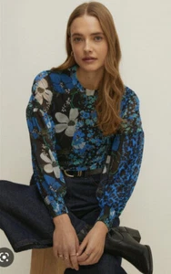 Oasis Floral Print Shirred Cuff Mesh Funnel Neck Fitted Top XS. RRP £39. BNWT! - Picture 1 of 7