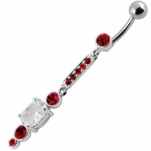 Sterling Silver Belly Bar Long Red Clear Crystal Dangle Navel Ring ...