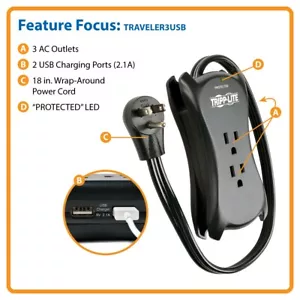 Tripp Lite 3-Outlet Travel-Size Surge Protector 18" Cord 2-Port 2.1A USB Charger - Picture 1 of 4