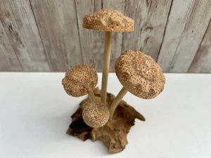 Wooden Shitake Mushroom Toadstool Sculpture Hand Carved Driftwood Root Ornament - Picture 1 of 11