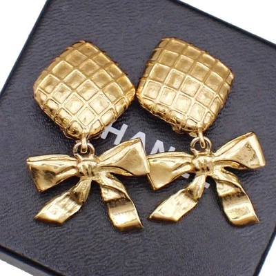 CHANEL Logo Matelasse Dangle Bow Earrings Clip-On GHW France 35RL315 - Image 1 of 4