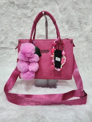 Ed Hardy Tote / Shoulder Bag Tiger Embossed Pink With Grape Pom Pom And Bead... - Image 1 of 4