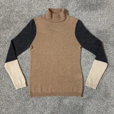 Suéter de cachemir Morgan Taylor para mujer pequeño cuello alto bloques de color gris tostado beige Foto 1 de 4