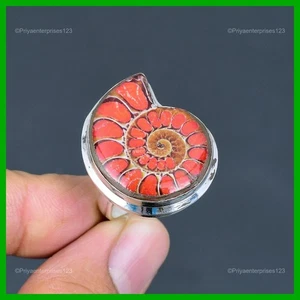 Natural Red Turquoise In Ammonite Fossil Artisan Statement Ring Sterling Silver - Picture 1 of 11