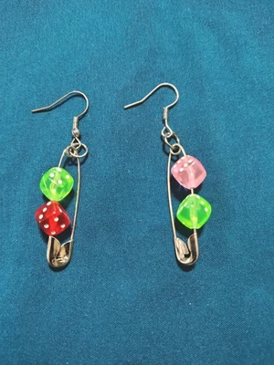 Colorful Dice Pin Earrings Eighty's Style Dangle Drop Fashion Jewelry - Image 1 of 3