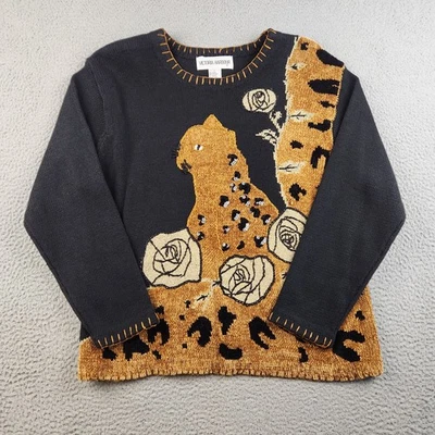 复古女式猫猎豹玫瑰动物印花毛衣 L 码黑色 Grannycore — 第 1/4 张图片