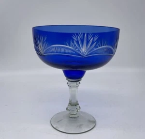 Vintage Etched Cobalt Blue Cut Glass Stemmed Goblet Decorative Bowl USSR - Picture 1 of 3