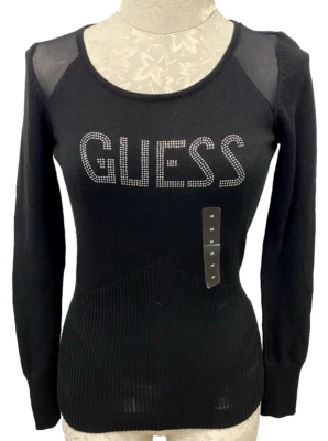 Suéter Guess Manga Larga Romance Logo Negro Ligero Hombros Transparentes Nuevo M Foto 1 de 4