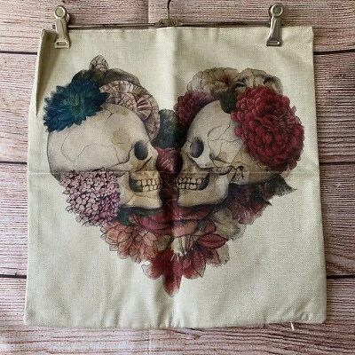 NEW Linen Blend Cushion Cover ~ Heart Flower Skull Print ~ 45cm Square - Image 1 of 4
