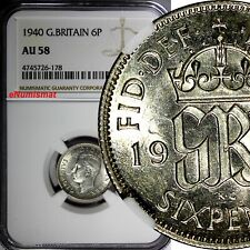 GREAT BRITAIN George VI Silver 1940 6 Pence NGC AU58  KM# 852 (178)