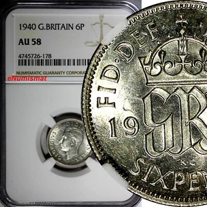 GREAT BRITAIN George VI Silver 1940 6 Pence NGC AU58  KM# 852 (178) - Picture 1 of 4