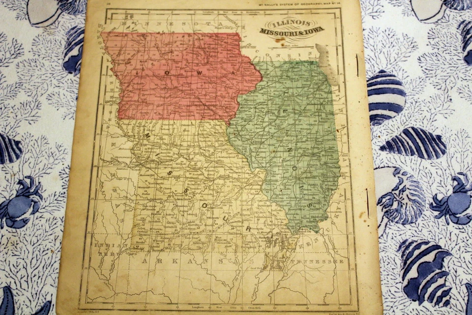 Hermoso mapa coloreado a mano de Missouri e Iowa 1872 Francis McNally Foto 1 de 1
