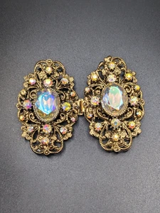 Vintage 1950's Brass Tone Ornate Filigree AB Aurora Borealis Crystal Belt Buckle - Picture 1 of 9