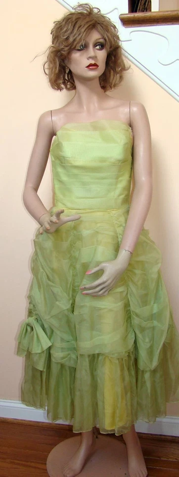 1950s Celadon/Yellow Strapless Organza Ruched Dress SZ - Image 1 of 1