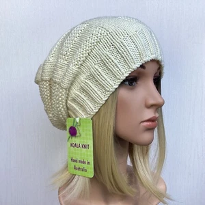 KOALA KNIT HAND KNITTED LADIES TEENS SIZE L CREAM, BLUE MERINO WOOL SLOUCHY HAT - Picture 1 of 81