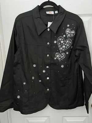 Quacker Factory Jeanne Jacket Sparkle & Shine Heart Motif  BLACK Size L NEW! - Image 1 of 4