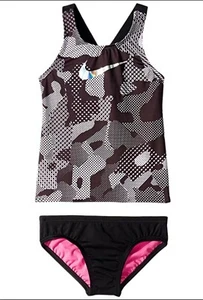 Nike E2708 Kids Optic Camo Cross-back Tankini Black Girl's Swimwear Size M - Picture 1 of 1