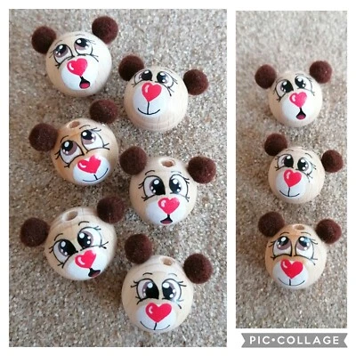 6x handbemalte Holzkugeln " ❤️- Bär ", 25mm, mit Loch, zum Basteln   - Bild 1 von 2