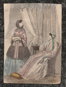 Página dos de moda para mujer coloreada a mano original de la década de 1850 7,5 x 5,5 - Imagen 1 de 2