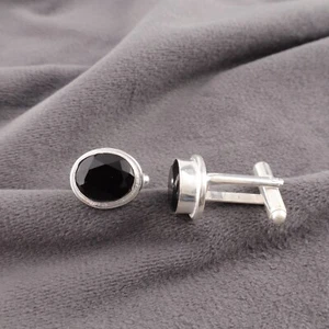 Black Onyx Gemstone 925 Sterling Silver Handmade Jewelry Cufflinks 0.59" For Him - Picture 1 of 6