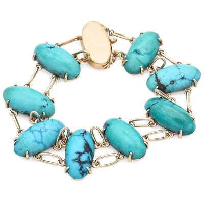 Vintage 14K Yellow Gold Persian Turquoise Oval Cabochon Link Bracelet - Image 1 of 4