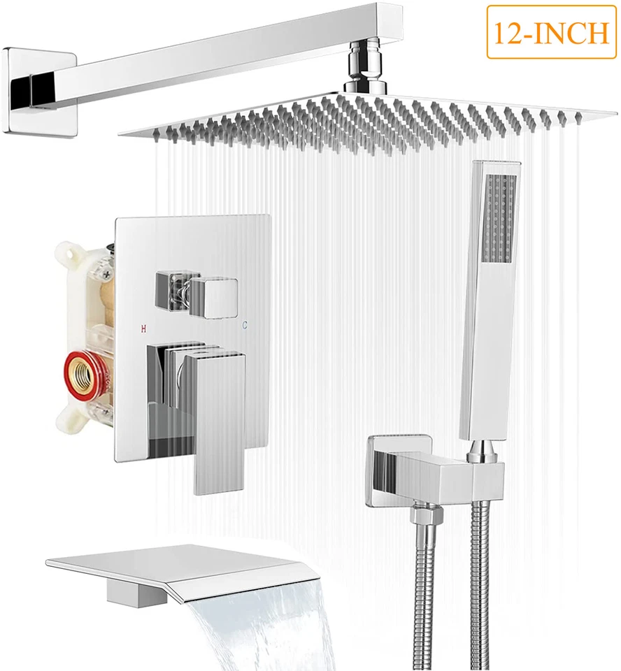 Shower Faucet Set System 12" Rain Head Combo Kit Mixer Valve Wall Mount Chrome - Image 1 of 4