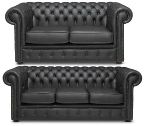 Chesterfield Three & Two Sofa Genuine Italian Black Leather - Picture 1 of 8