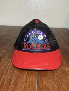Vintage Colorado Rockies Leather Hat Adjustable Strapback Cap Black Red MLB 90s - Picture 1 of 4