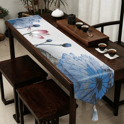 Double-Layer Table Runner with Tassel Chinese Decor Lotus Painting - Image 1 of 4