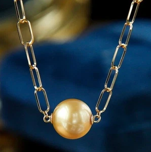 Classic Natural 14-15mm South Sea Golden Round Pearl Necklace 18in 14k Gold P - Picture 1 of 4