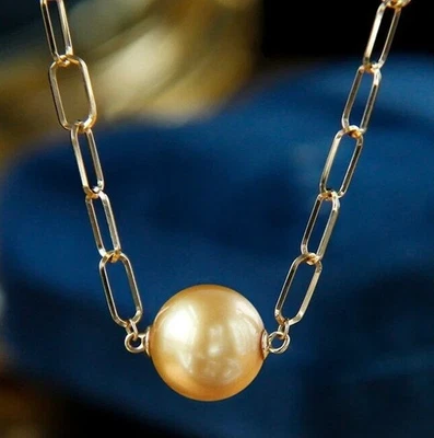 Classic Natural 14-15mm South Sea Golden Round Pearl Necklace 18in 14k Gold P - Image 1 of 4