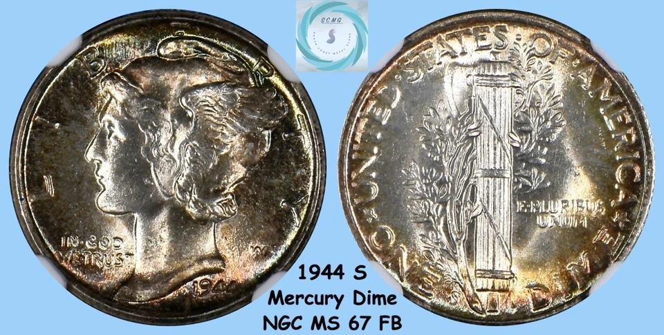 1944-S Mercury Dime NGC MS 67 FB - Rainbow Toner!!! - Image 1 of 4