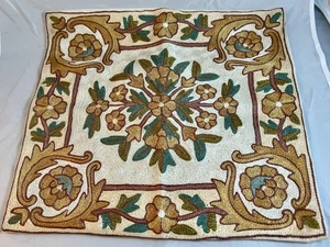 Handmade Crewel Embroidery Pillow Cover Wool Yarn Floral Cotton 15" Turkish - Picture 1 of 10